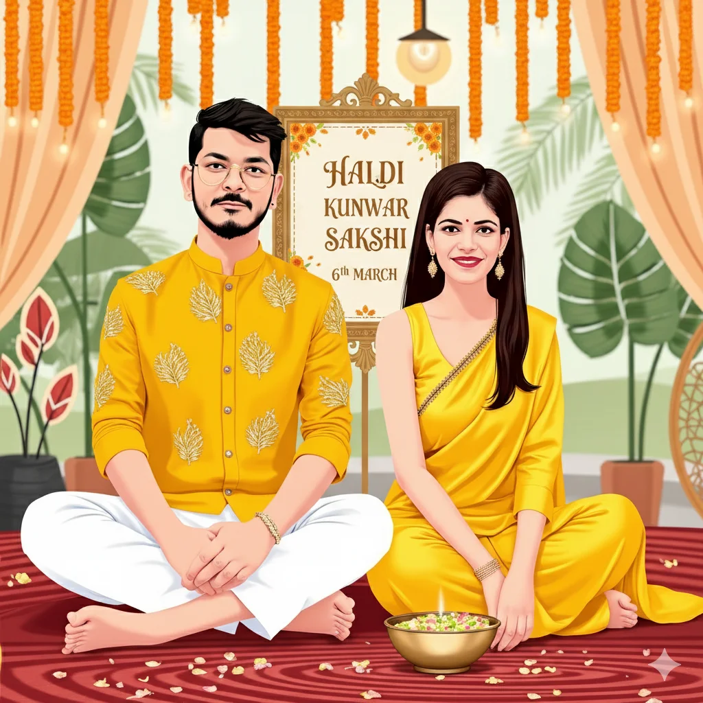 Haldi event invite card with bright yellow and floral elements